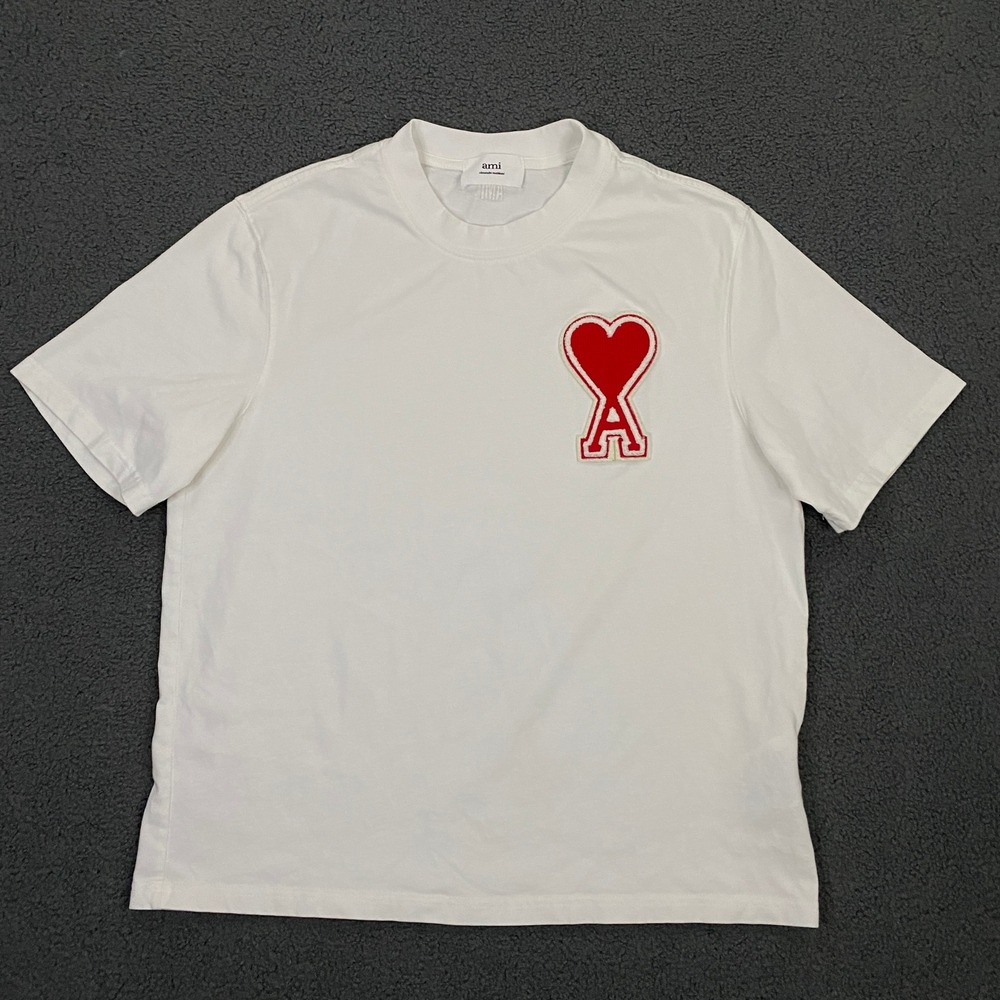 AMI Paris T-Shirt Men Small White Ami de Coeur Logo Patch Crop Crew Short Sleeve